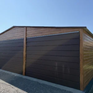 Garaż blaszany 8x6 m PREMIUM dwuspadowy – Złoty Dąb / Brąz Mat