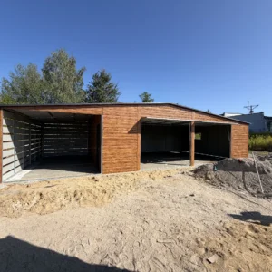 Garaż blaszany 12x6 m z wiatą ażurową 3x6 m PREMIUM – Złoty Dąb / Grafit - obrazek 2