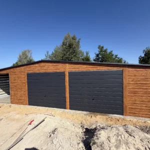 Garaż blaszany 12x6 m z wiatą ażurową 3x6 m PREMIUM – Złoty Dąb / Grafit