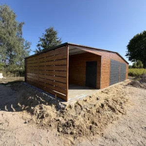 Garaż blaszany 12x6 m z wiatą ażurową 3x6 m PREMIUM – Złoty Dąb / Grafit - obrazek 5